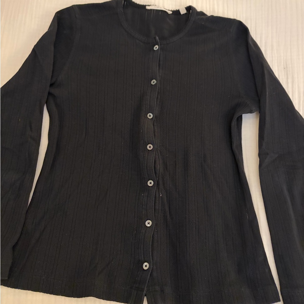 Doen Black Long-Sleeve Pointelle cardigan